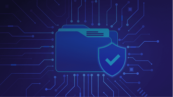 Digital folder secured by a shield and checkmark over a circuit background