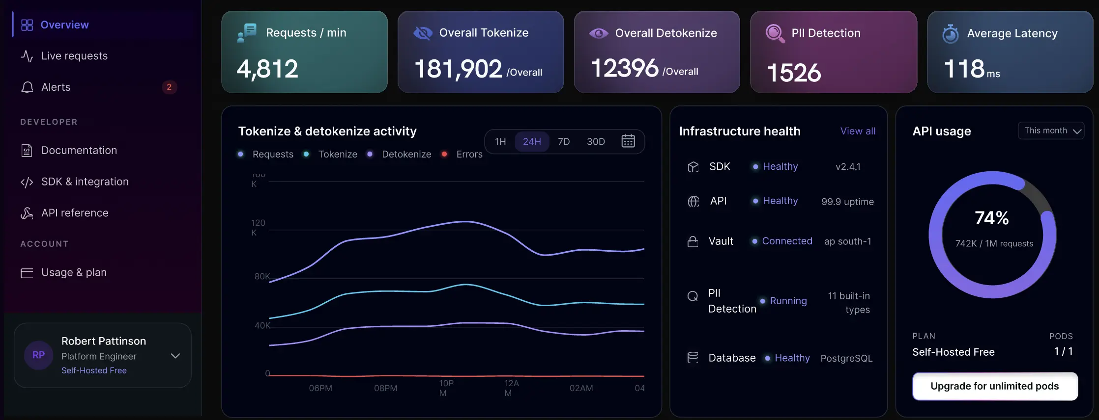 Vaultkey dashboard showing tokenize and detokenize activity, infrastructure health, and API usage